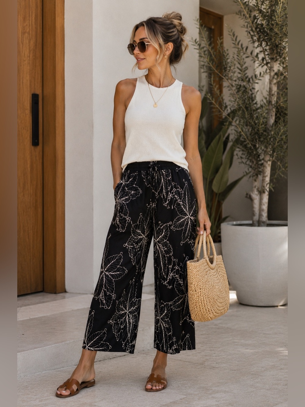 Chico’s Embroidered Wide Crop Pants Black Linen Blend Floral Size12 NWT